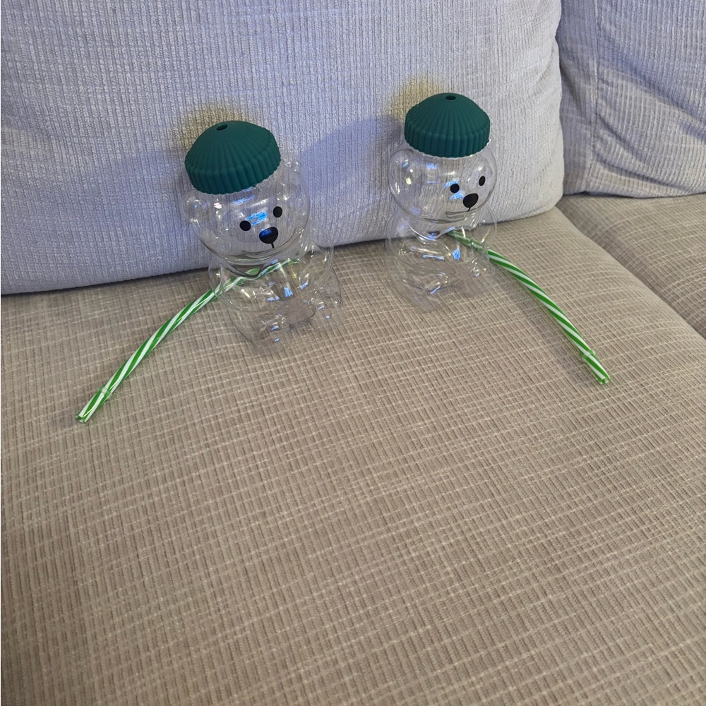 Clear Snowman Bear Tumblers with Green Straws